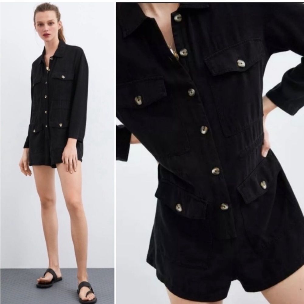 Zara black 100% Lyocell long sleeve buttoned up chic romper